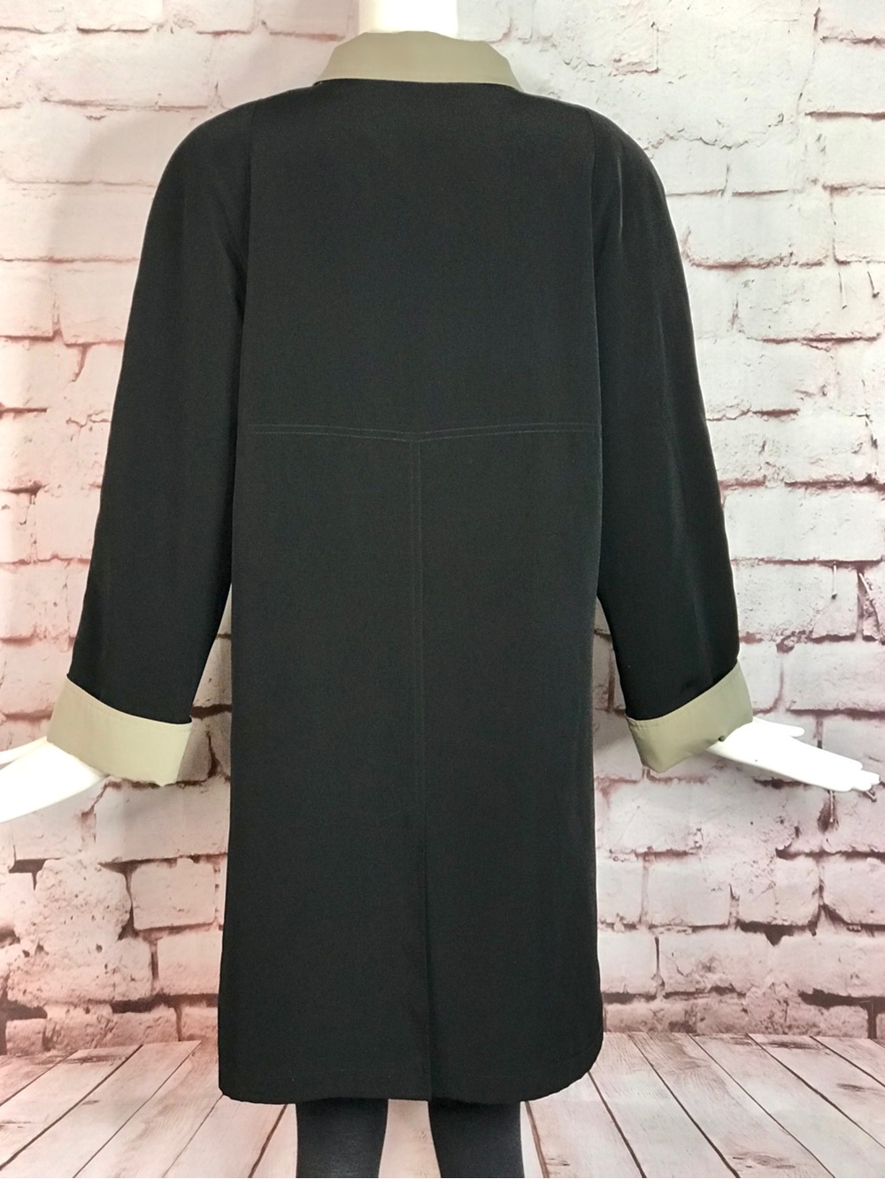 GALLERY Black & Taupe Trench Coat Raincoat detach Hood Size Medium 37” Length - Picture 15 of 16